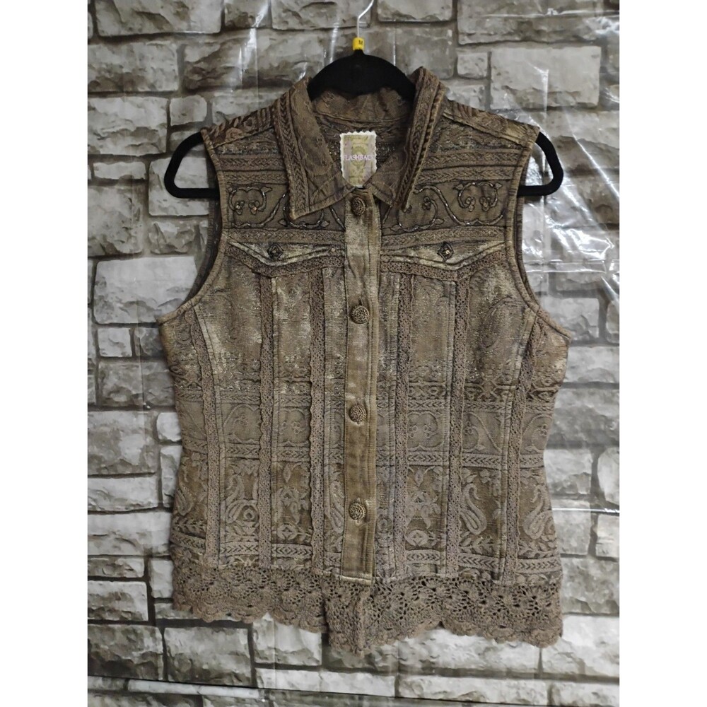 Flashback Small Embroidered Vest Brown Crochet Trim Beaded Boho